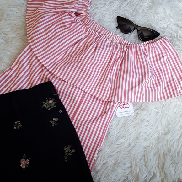 Red vertical stripes off the shoulder ruffle top s